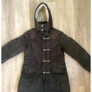 ORVIS Down Coat W S Hooded Jacket Hunting Lamb Leather Accent Puffer Heavy Brown